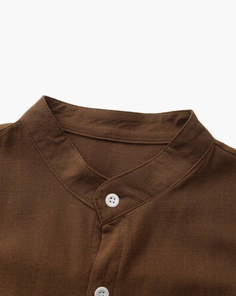 Camisa Masculina de Algodão Texturizado com Gola Mandarim