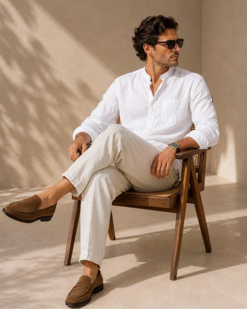 Camisa Masculina de Algodão Texturizado com Gola Mandarim