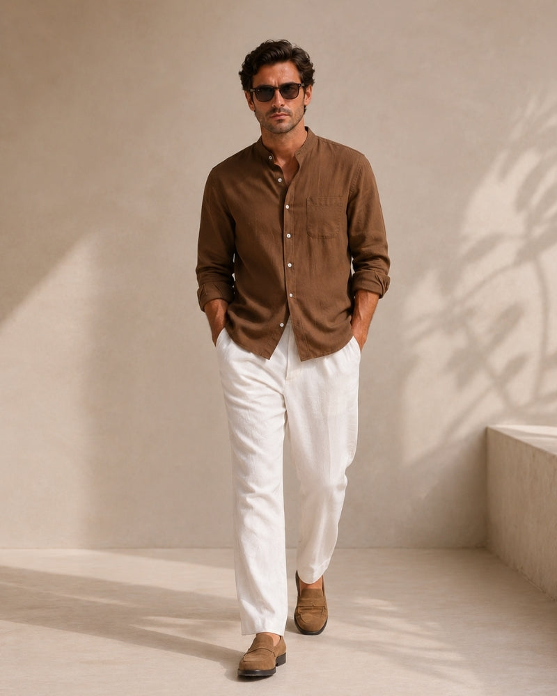 Camisa Masculina de Algodão Texturizado com Gola Mandarim