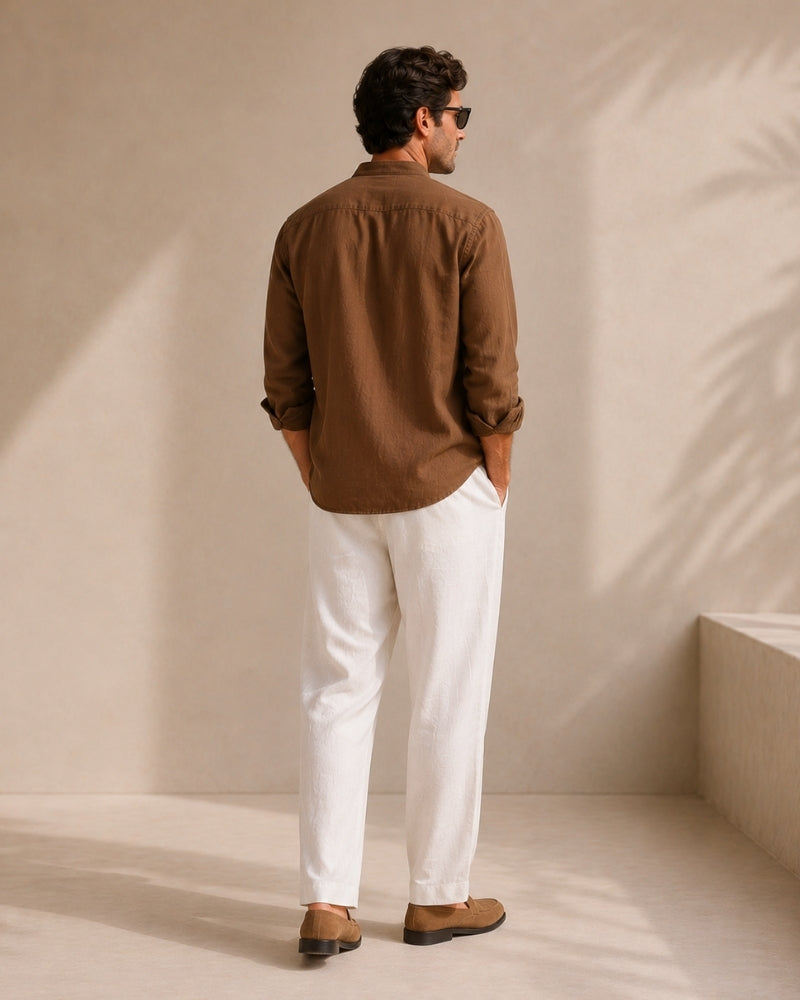 Camisa Masculina de Algodão Texturizado com Gola Mandarim