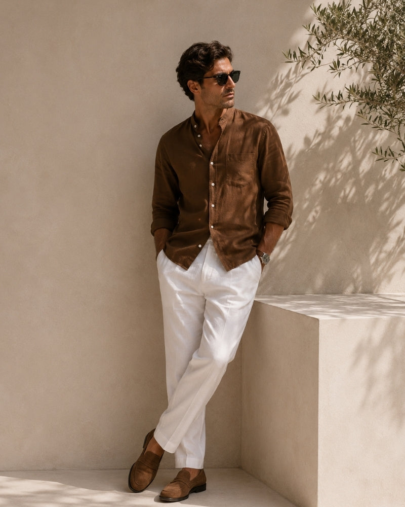 Camisa Masculina de Algodão Texturizado com Gola Mandarim